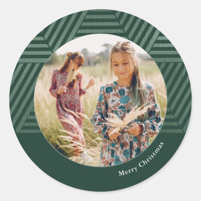 Rustic Green Geometric Photo Christmas Holiday Classic Round Sticker (Front)