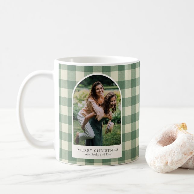 Rustic Green Gingham Arch Photo Modern Christmas Coffee Mug (With Donut)