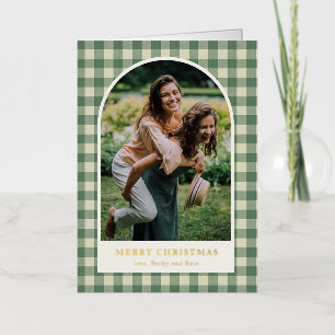 Rustic Green Gingham Arch Photo Modern Christmas Foil Holiday Card