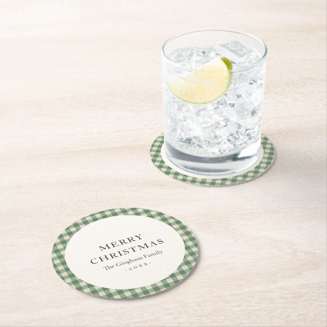 Rustic Green Gingham Modern Christmas Round Paper Coaster (Insitu)