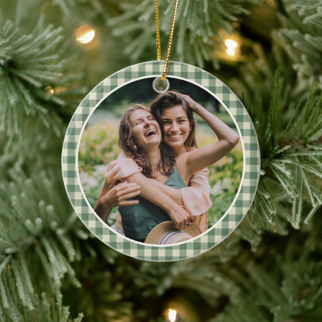 Rustic Green Gingham Photo Modern Christmas Ceramic Ornament (Tree)