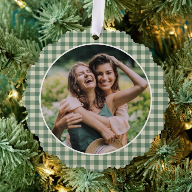 Rustic Green Gingham Photo Modern Christmas Tree Decoration Card (Insitu (Tree))