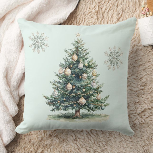 Rustic Green Gold Cream Christmas Tree Snowflakes Cushion (Blanket)