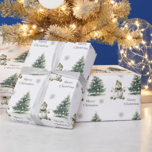Rustic Green Gold Cream Snowman Christmas Trees  Wrapping Paper