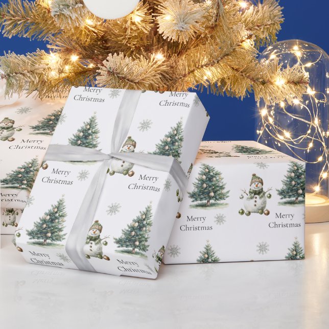 Rustic Green Gold Cream Snowman Christmas Trees  Wrapping Paper (Holidays)