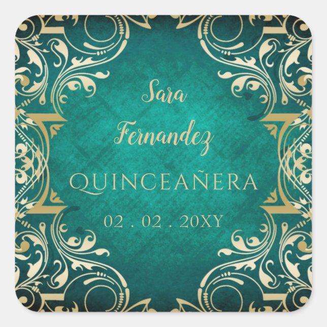 Rustic Green Gold Elegant Quinceanera  Square Sticker (Front)