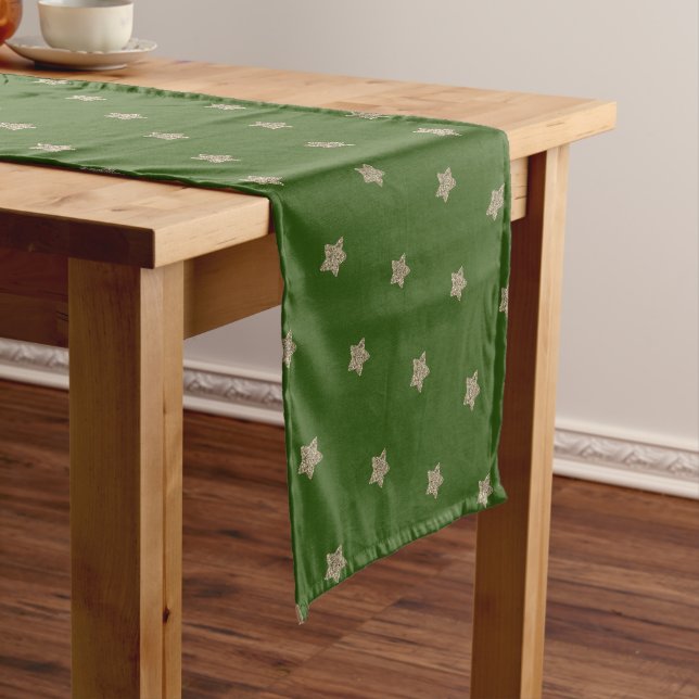 Rustic Green Gold Stars Pattern Festive Elegant Short Table Runner (In Situ)