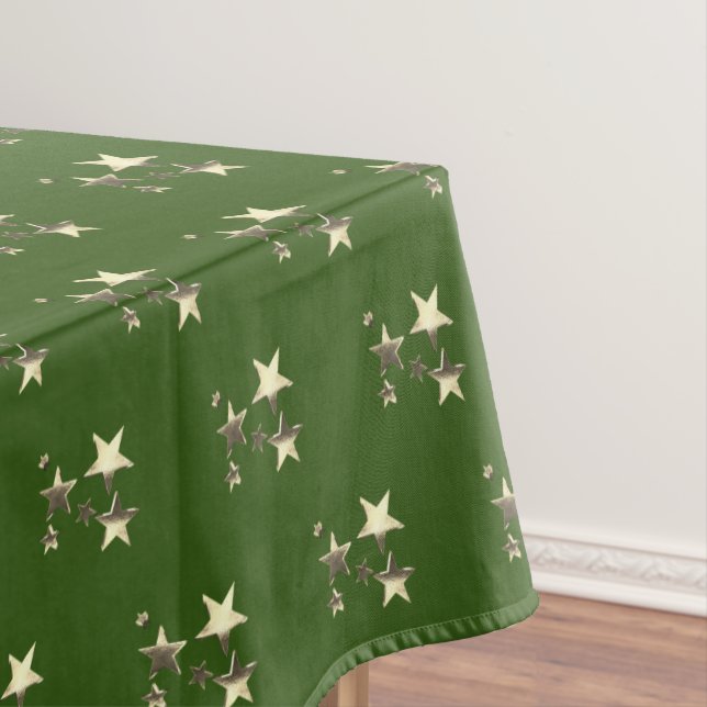 Rustic Green Gold Stars Pattern Festive Elegant Tablecloth (In Situ)