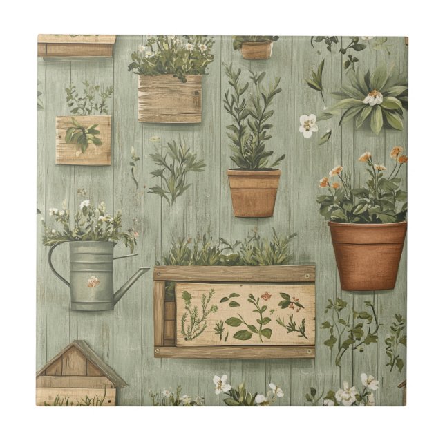 Rustic Green Herbs Vintage Wood Ceramic Tile (Front)