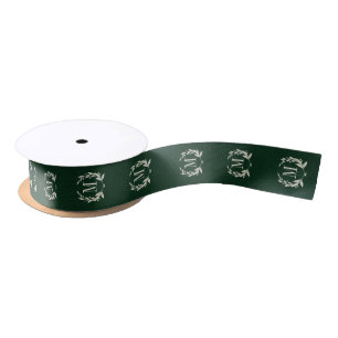 Rustic Green Holiday Laurel Wreath Monogram Satin Ribbon