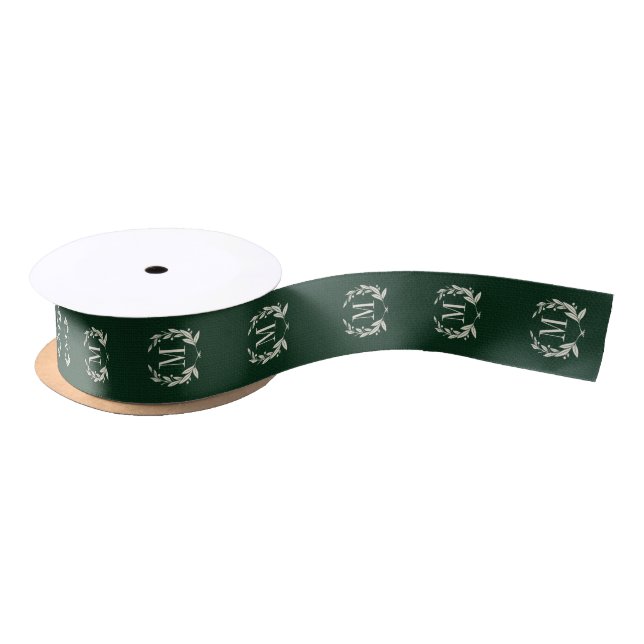Rustic Green Holiday Laurel Wreath Monogram Satin Ribbon (Spool)