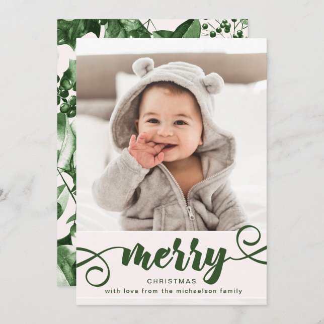 Rustic Green Holly with Photo Christmas Holiday Invitation (Front/Back)