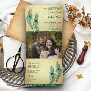 Rustic Green Indian Peacock Feathers Wedding Tri-Fold Invitation
