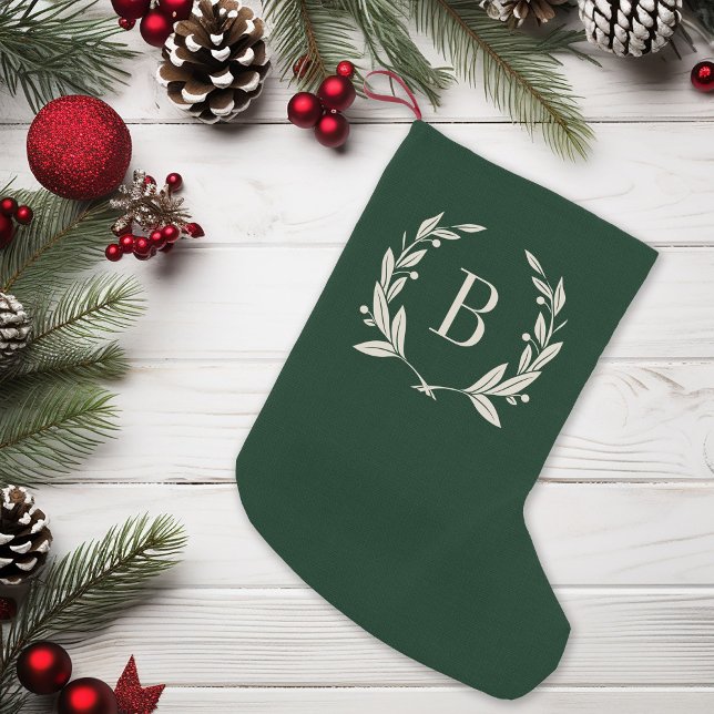 Rustic Green Laurel Wreath Monogram Small Christmas Stocking (Creator Uploaded)