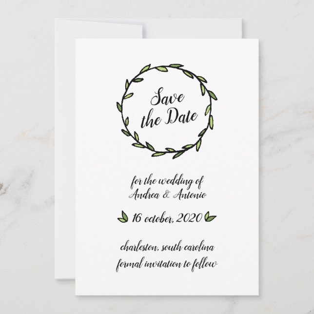 Rustic Green Leafy Wreath Save the Date (Front)