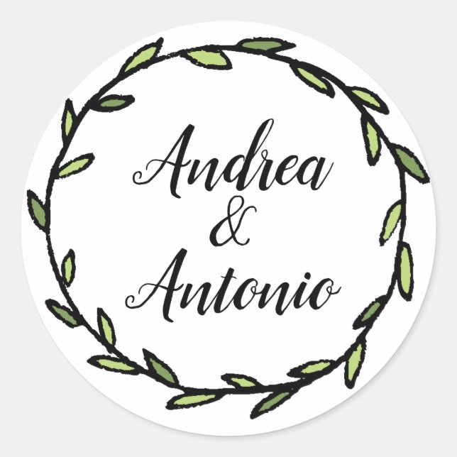 Rustic Green Leafy Wreath Wedding Classic Round Sticker (Front)