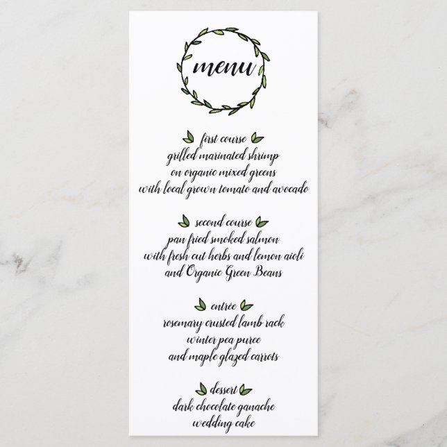 Rustic Green Leafy Wreath Wedding Menu (Front)