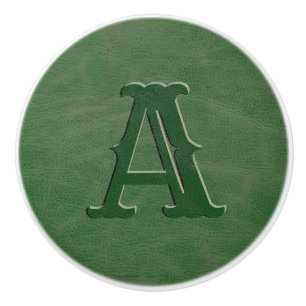 Rustic Green Leather Texture Monogram Initial Ceramic Knob