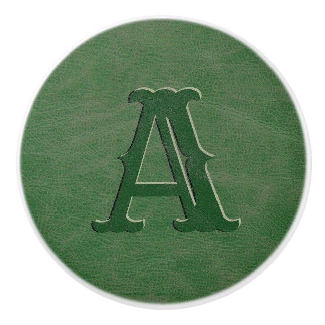 Rustic Green Leather Texture Monogram Initial Ceramic Knob (Front)
