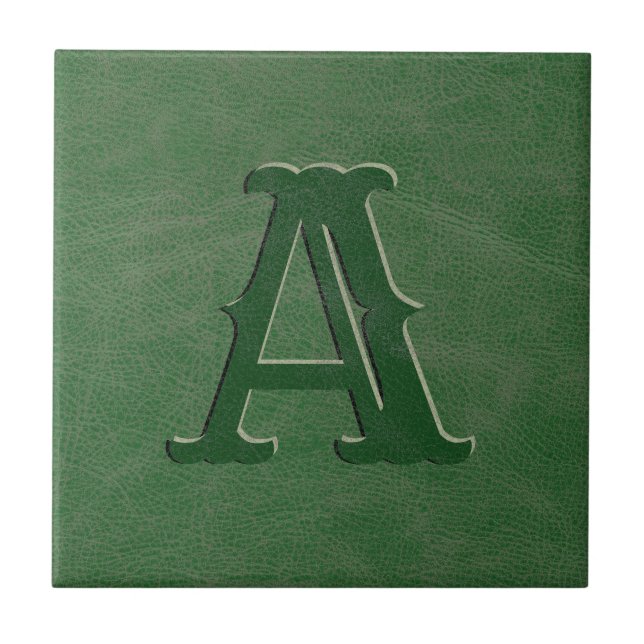 Rustic Green Leather Texture Monogram Initial Ceramic Tile (Front)