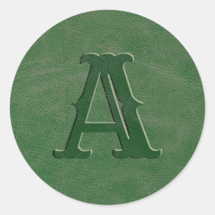 Rustic Green Leather Texture Monogram Initial Classic Round Sticker