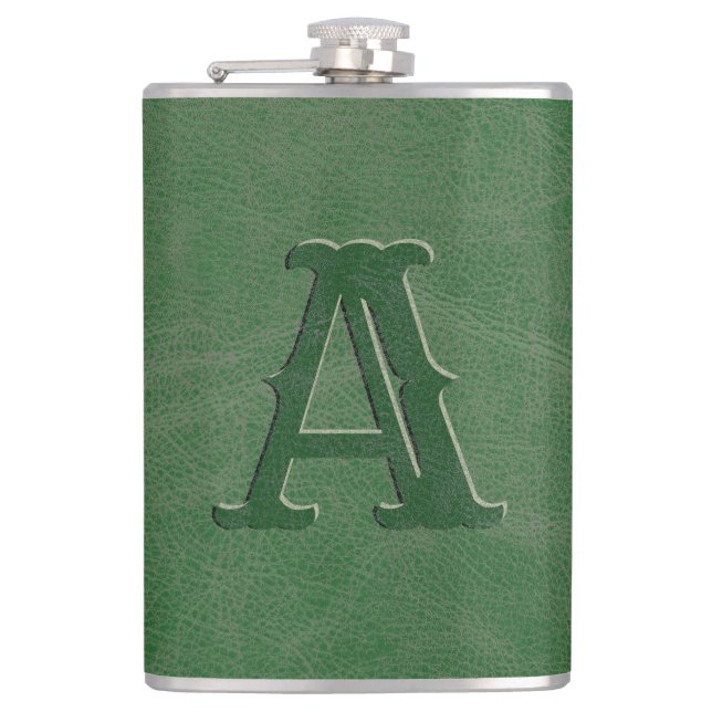 Rustic Green Leather Texture Monogram Initial Hip Flask (Front)