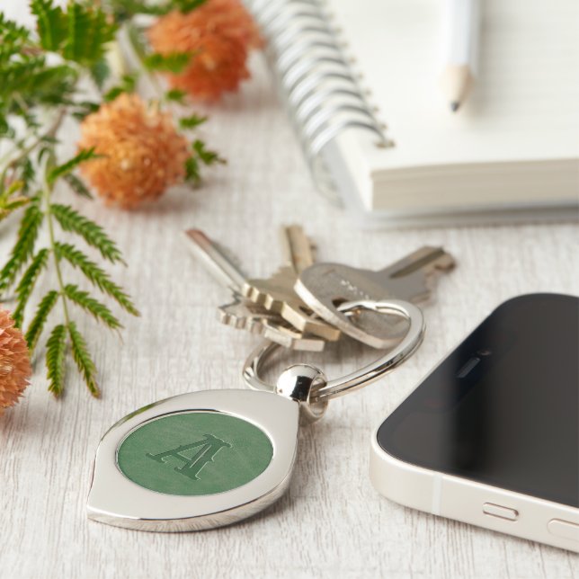 Rustic Green Leather Texture Monogram Initial Key Ring (Side)