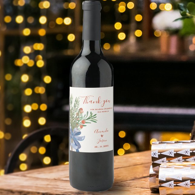 Rustic Green Leaves Red Berries Christmas Wedding  Wine Label (Rustic Green Leaves Red Berries Christmas Wedding Wine Label)