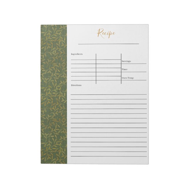 Rustic Green Linen and Gold Leaf Blank Recipe Notepad (Rotated)