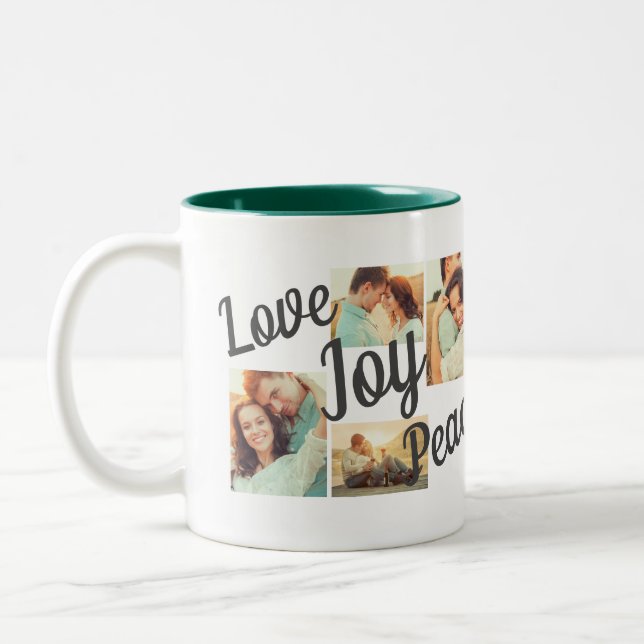 Rustic Green Love Joy Peace Script Holiday 4 Photo Two-Tone Coffee Mug (Left)
