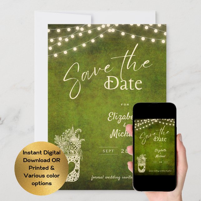 Rustic Green Mason Jar Save the Date Digital Print Invitation (Creator Uploaded)