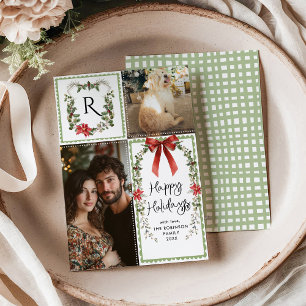 Rustic Green Monogram Bow Merry Christmas 2 Photo Holiday Card