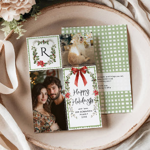 Rustic Green Monogram Merry Christmas 2 Photo Holiday Card