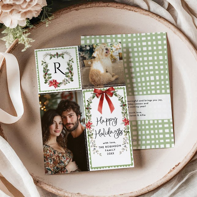 Rustic Green Monogram Merry Christmas 2 Photo Holiday Card (Creator Uploaded)