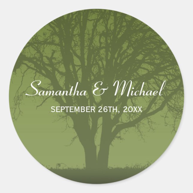 Rustic Green Oak Tree Wedding Favour Label (Front)