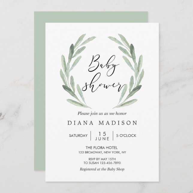 Rustic Green Olive Branch Wreath Baby Shower Invitation (Front/Back)