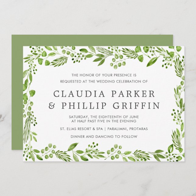 Rustic Green Olive Leaf Frame Horizontal Wedding Invitation (Front/Back)