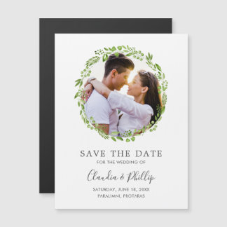 Rustic Green Olive Leaf Wreath Photo Save the Date Magnetic Invitation