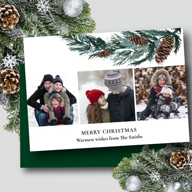 Rustic Green Pine Cone Bough 3 Photo Minimalist Holiday Card (Creator Uploaded)