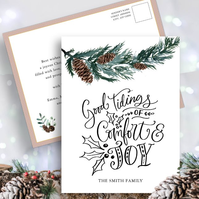 Rustic Green Pine cone Good Tidings of Comfort Joy Postcard (Creator Uploaded)