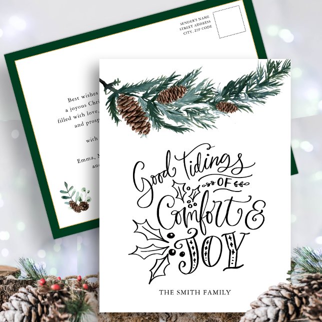 Rustic Green Pine cone Good Tidings of Comfort Joy Postcard (Creator Uploaded)