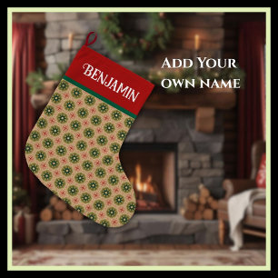 Rustic Green Pine Needles and Red Lace Large Christmas Stocking