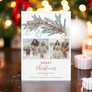 Rustic green pine red Merry Christmas 3 photos Holiday Card