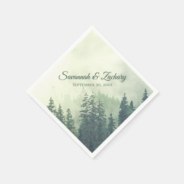 Rustic Green Pine Trees Watercolor Wedding Napkin (Corner)