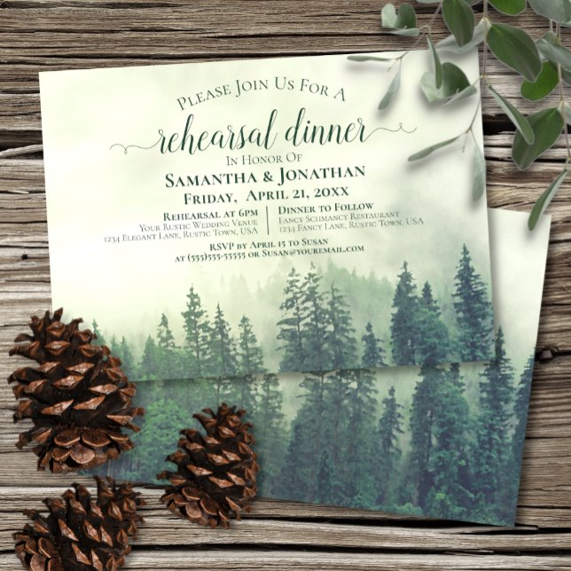 Rustic Green Pine Trees Wedding Rehearsal & Dinner Invitation (Creator Uploaded)