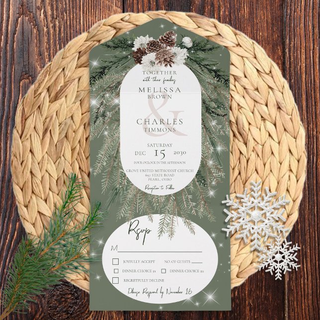 Rustic Green Pine Winter Sparkle Dinner All In One Invitation (Creator Uploaded)