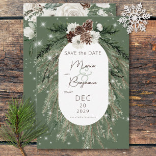 Rustic Green Pine Winter Sparkle Wedding Save The Date