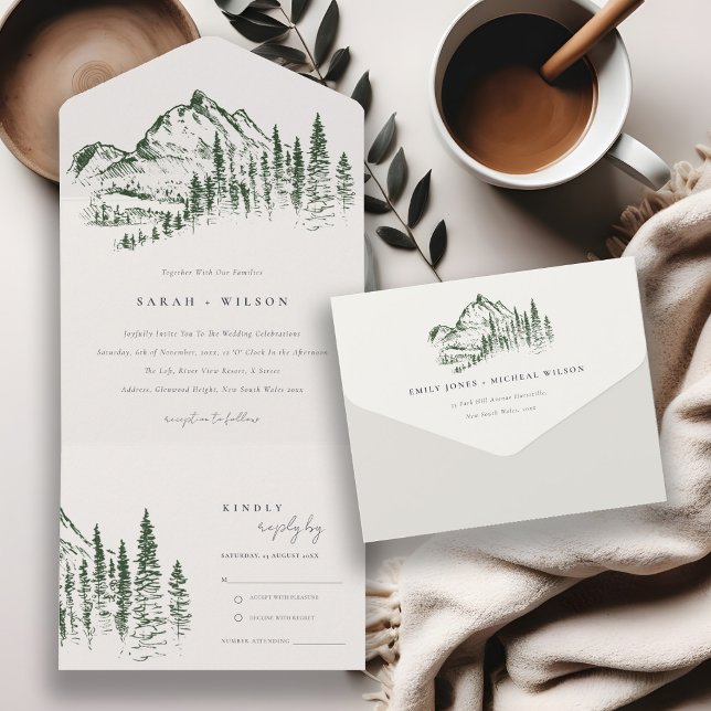 Rustic Green Pine Woods Mountain Sketch Wedding All In One Invitation (Creator Uploaded)