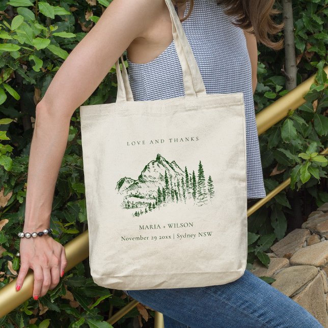 Rustic Green Pine Woods Mountain Sketch Wedding Tote Bag (Creator Uploaded)