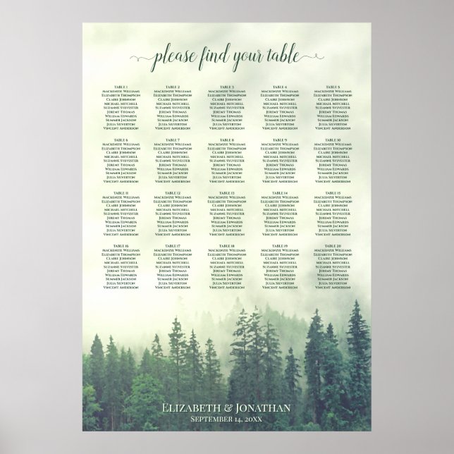 Rustic Green Pines 20 Table Wedding Seating Chart (Front)